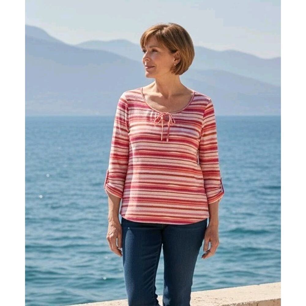Talbots Pink & Orange Stripe Tie Neck 3/4 Sleeve Top Size MED Coastal Grandma